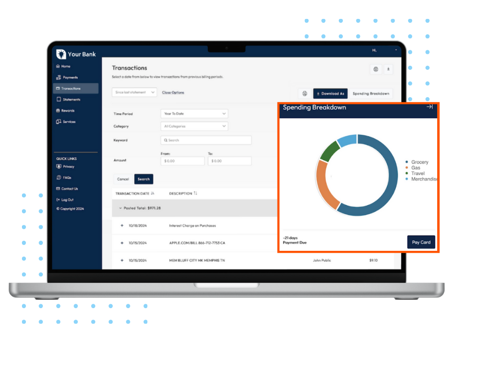 transactions webpage with graphic spending view